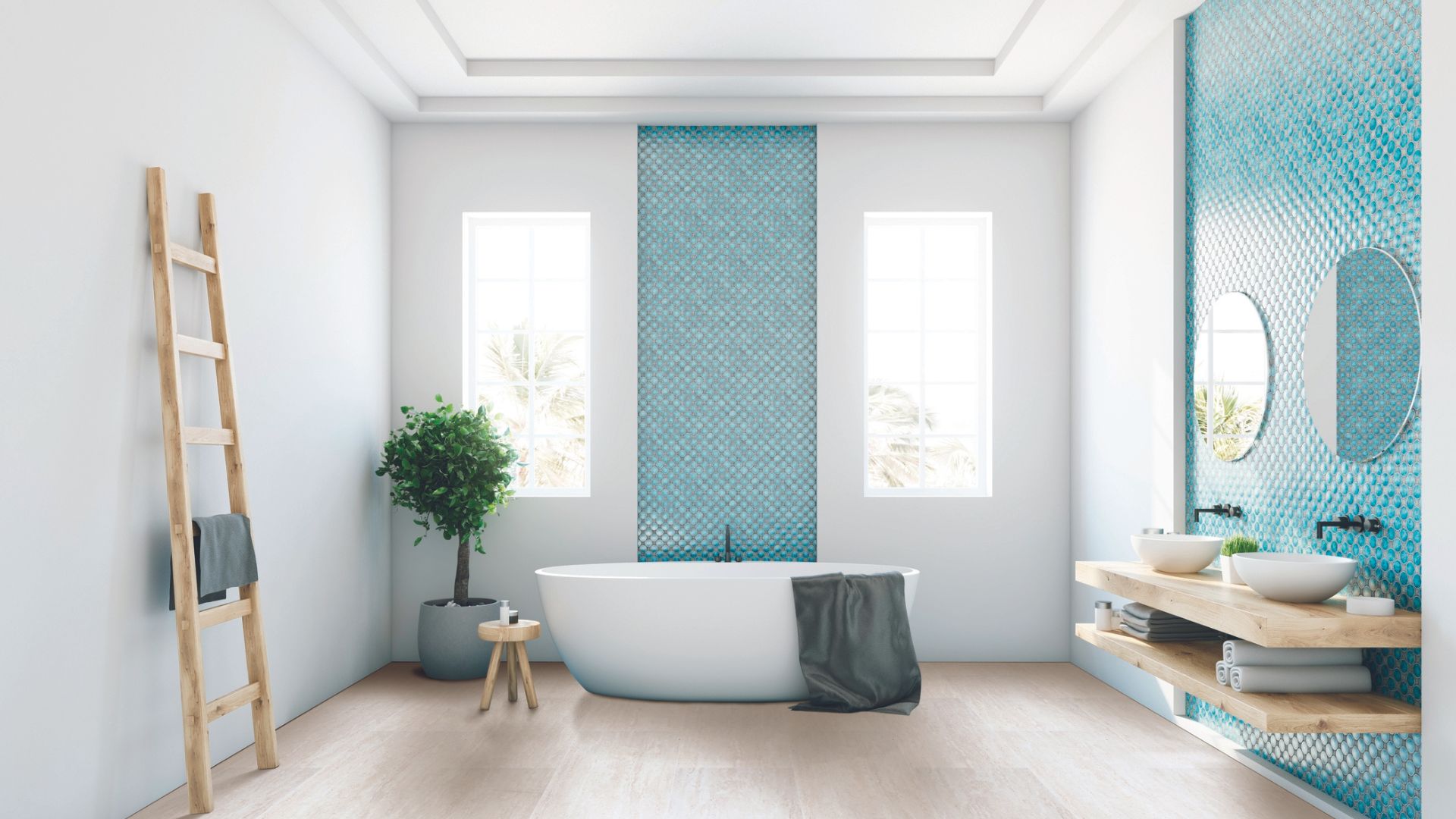 Tile flooring and backsplashes in a modern bathroom.